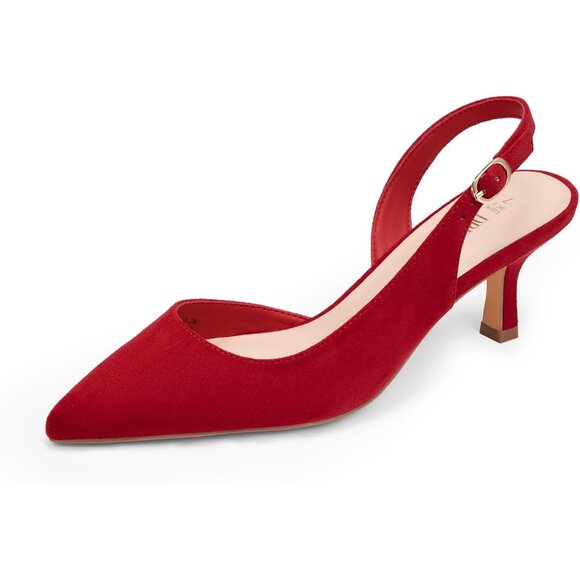 Shoes - Women's Red-Suede Slingback Pointed Toe Low Pumps Casual Stylish Kitten Heel
